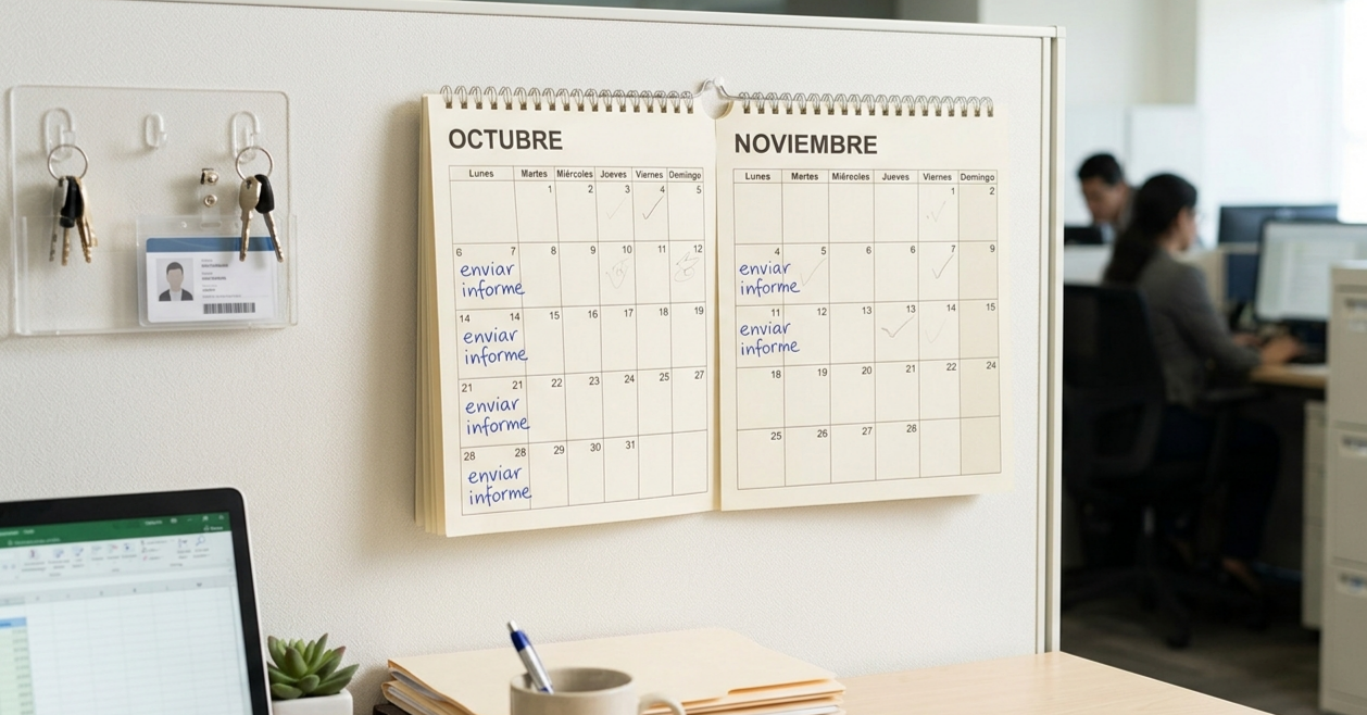 Calendario mostrando la misma tarea recurrente escrita manualmente cada semana