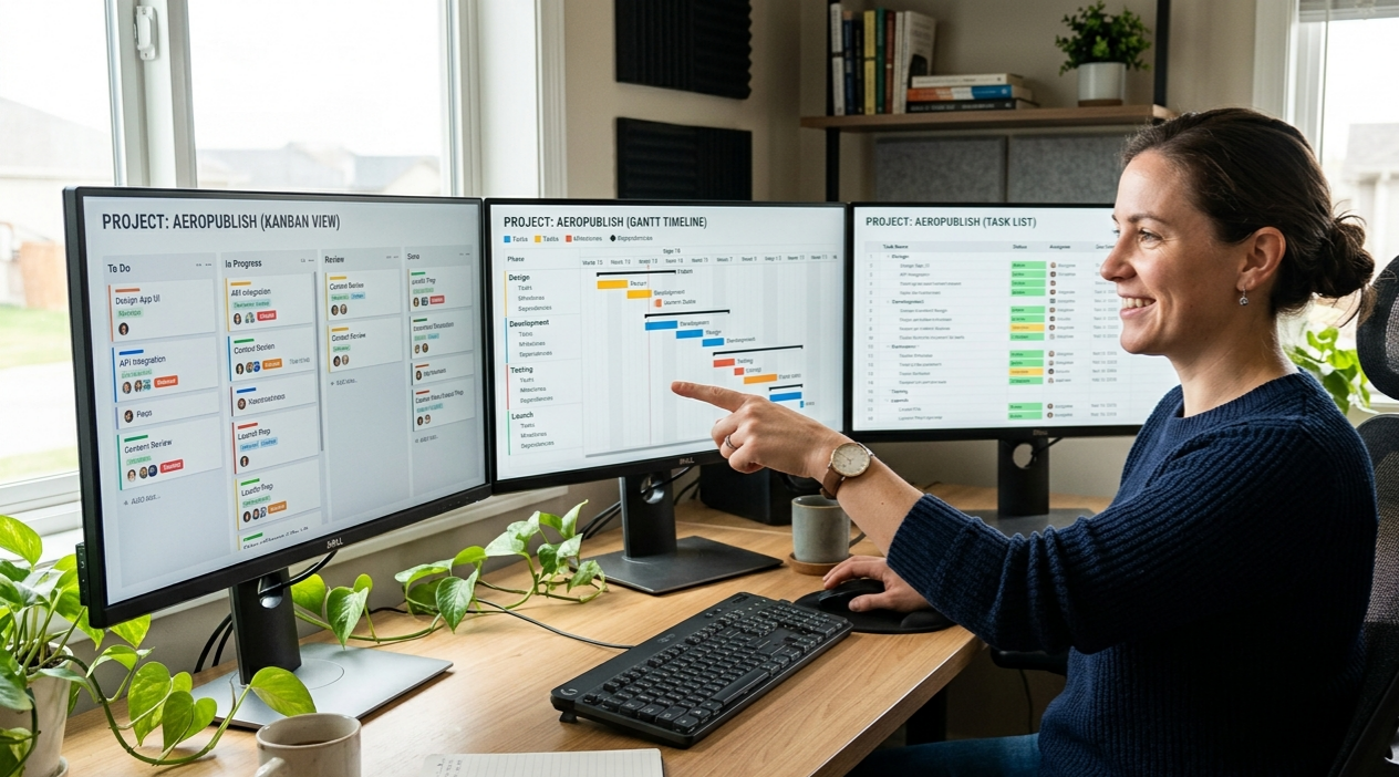 Mismo proyecto representado en tres vistas distintas: Kanban, Gantt y lista