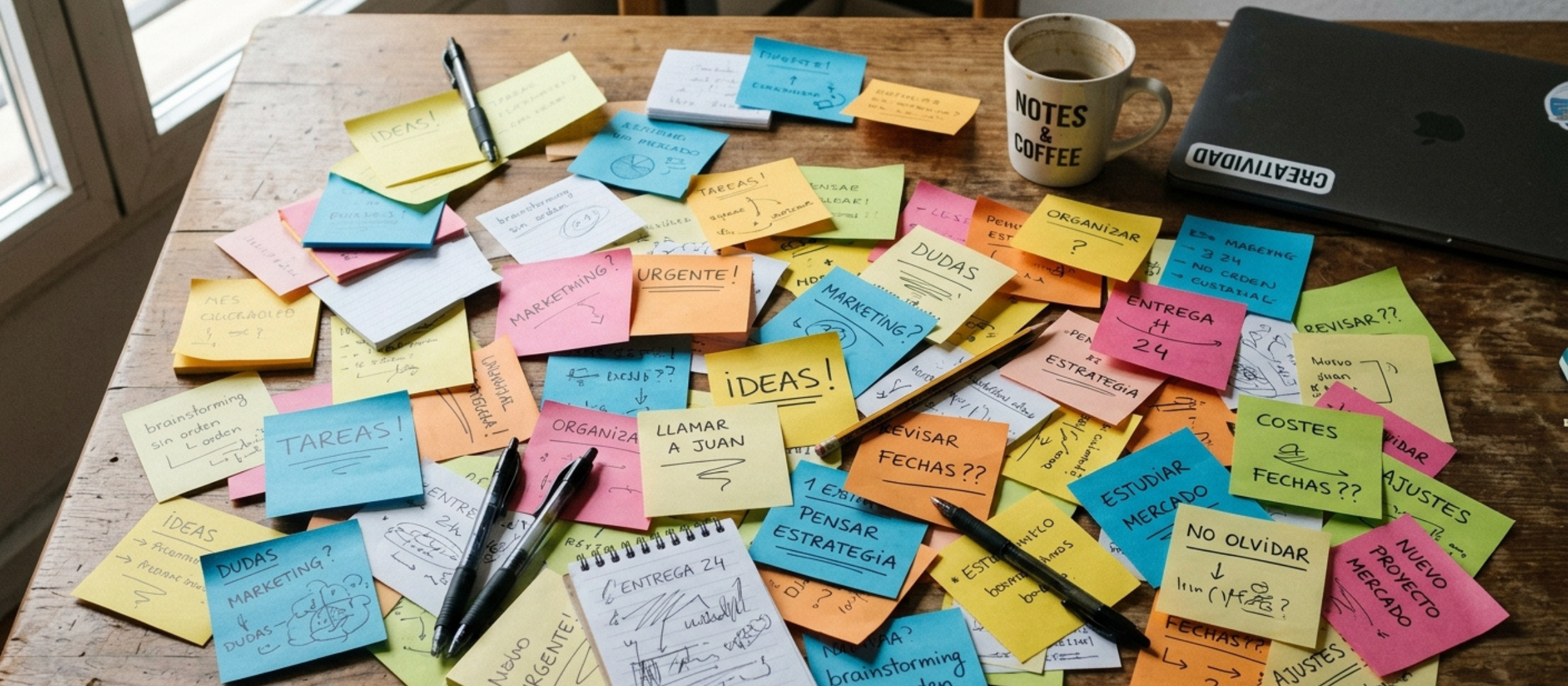 Notas e ideas sueltas de planificación sin conectar entre sí.