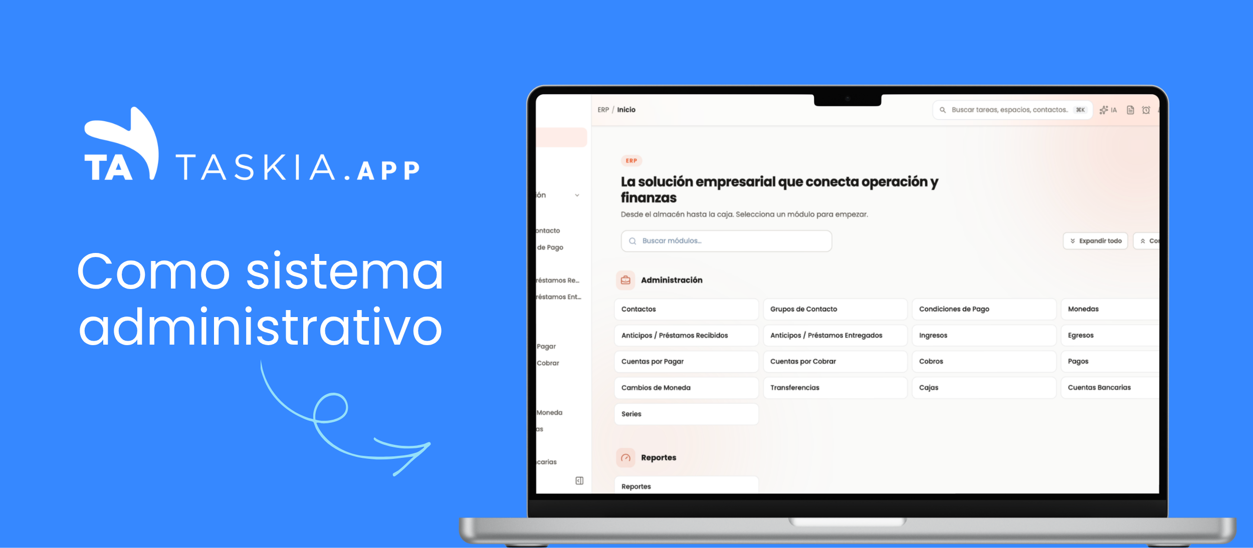 Taskia como sistema administrativo con inventario, facturación y proyectos integrados.