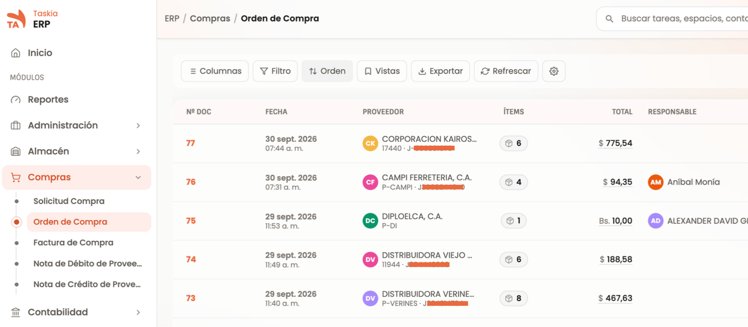 Proceso de orden de compra en Taskia